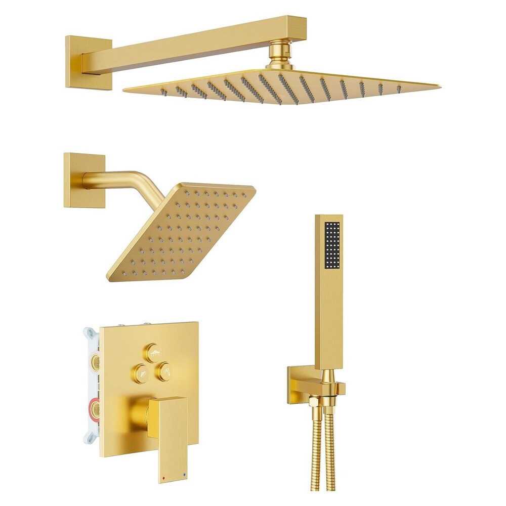 Brushed Gold Shower Faucet Set with 10"+8" Dual Rain Ceiling Shower Head